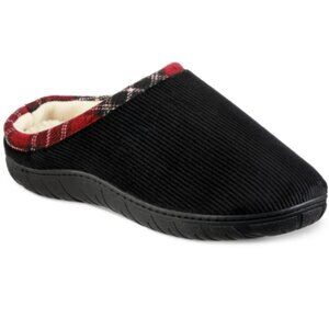 Totes Men's Black Corduroy Faux Fur Red Trim Memory Foam Slide Slippers Sz L